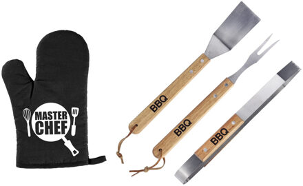 Luxe barbecue gereedschap set met houten handgrepen 3-delig RVS met BBQ handschoen Masterchef