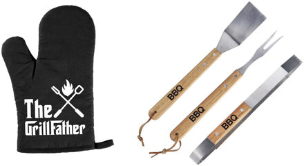 Luxe barbecue gereedschap set met houten handgrepen 3-delig RVS met BBQ handschoen The Grillfather