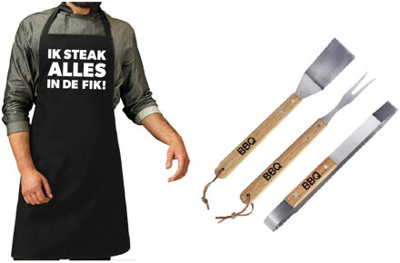 Luxe barbecue gereedschap set met houten handgrepen 3-delig RVS met zwart schort Ik steak alles in d