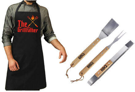 Luxe barbecue gereedschap set met houten handgrepen 3-delig RVS met zwart schort The GrillFather