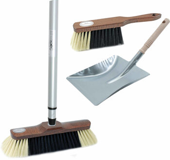 Luxe bezemset bruin/zilver van metaal inclusief telescoopsteel 200 cm voor binnen - Stoffer en blik Zilverkleurig