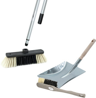 Luxe bezemset grijs/zilver van metaal inclusief telescoopsteel 200 cm voor binnen - Stoffer en blik Zilverkleurig