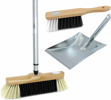 Luxe bezemset lichtbruin/zilver van metaal inclusief telescoopsteel 200 cm voor binnen - Stoffer en blik Zilverkleurig