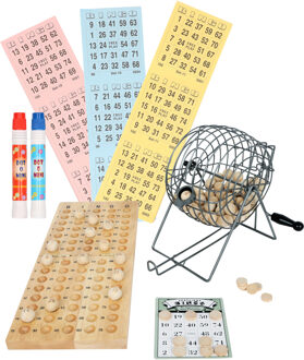 Luxe bingo spel metaal/hout complete set nummers 1-75 met molen/174x bingokaarten/2x stiften Multi