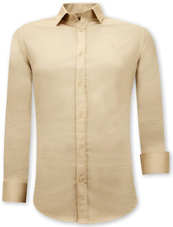 Luxe Blanco Moderne Satijn Overhemd - Slim Fit - 3070 - Beige - Maten: M