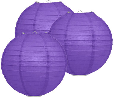 Luxe bol feest lampion - 3x - paars - dia 35 cm - papier