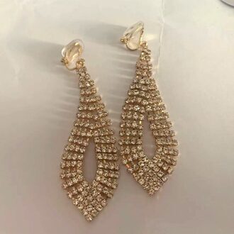 Luxe Bridal Rhinestone Ronde Vorm Kwastje Clip op Oorbellen Non Piercing voor Vrouwen Grote Verklaring Doorstoken Oorbellen goud Teardrop Clip