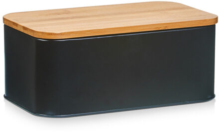 Luxe Broodtrommel - hout / zwart - met deksel - 31x 18 x 12 cm