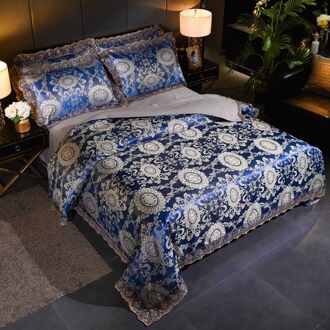 Luxe Bule Jacquard Satijn Zijde Beddengoed Set Maat 3 Stuks Dekbedovertrek Kussensloop Beddengoed Beddengoed Thuis Textiel blauw / king 220X240cm