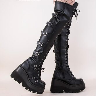Luxe Dames Lace Up Gesp Platform Gothic Hoge Wiggen Knie Hoge Schoenen Platform Punk Laarzen Koele Laarzen 7.5