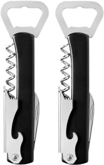 Luxe flesopener/kurkentrekker - 2x - Sommeliersmes - RVS/kunststof - zwart/zilver