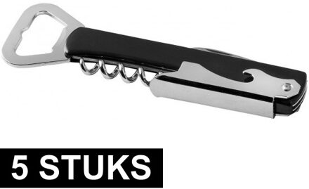 Luxe flesopener/kurkentrekker - 5x - Sommeliersmes - RVS/kunststof - zwart/zilver