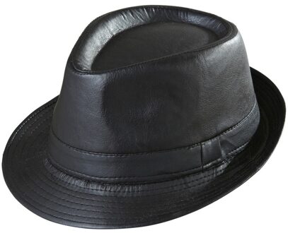 Luxe gangster fedora zwart kunstleer - Verkleedhoofddeksels
