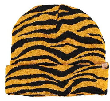Luxe gebreide kindermuts met tijger print - geel/zwart