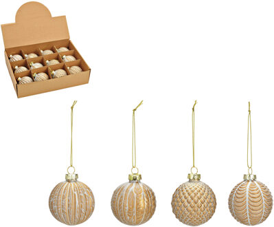 Luxe gedecoreerde kerstballen - 12x stuks - champagne - glas - 6 cm