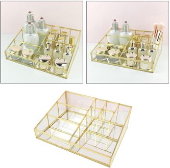 Luxe Glazen Box Clear Glas Gold Tone Metal Sieraden Opbergdoos Cosmetische Make-Up Lipstick Houder Organizer 9 Compartimenten