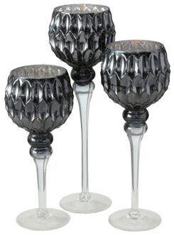 Luxe glazen design kaarsenhouders/windlichten set van 3x stuks antraciet/zilver transparant 30-40 cm - Waxinelichtjeshou Grijs