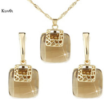 Luxe Gouden Metalen Dubai Sieraden Sets Geometrische Vierkante Champagne Kristallen Oorbellen Hanger Ketting Sets voor Vrouwen