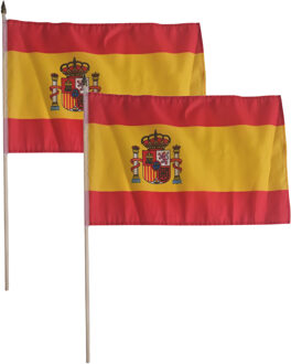 Luxe grote zwaaivlaggen Spanje - Set van 2x stuks - 30 x 45 cm - op lange stok - feestartikelen