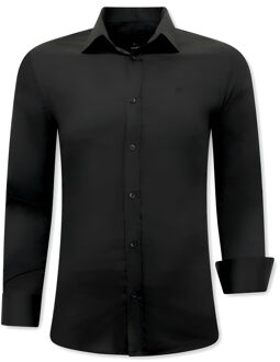 Luxe Heren Blanco Overhemden Italiaans - Slim Fit - 3078 - Zwart - Maten: S