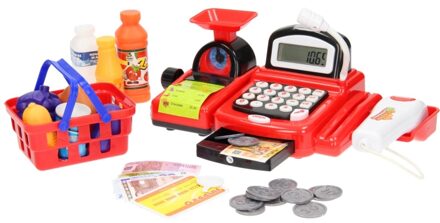 Luxe Kassa met  heel veel Accesoires, een weegschaal een microfoon, geld, boodschappen, boodschappen mandje etc