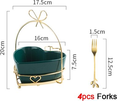 Luxe Keramische Fruitschaal Hartvormige Snack Gerechten Serveren Plaat Huishoudelijke Servies Leuke Fruit Kommen Met Vorken Houder groen met 4 Forks