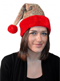 Luxe kerstmuts - beige/rood - glitters en pluche - kerstaccessoires?