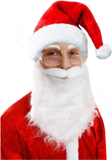 Luxe kerstmuts met witte baard - rood/wit - volwassenen - pluche - brede rand - baard met elastiek