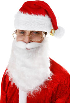 Luxe kerstmuts met witte baard - rood/wit - volwassenen - pluche - brede rand - baard met elastiek