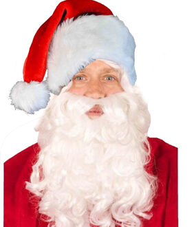 Luxe kerstmuts met witte baard - rood/wit - volwassenen - pluche - brede rand - baard met elastiek
