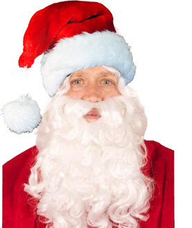 Luxe kerstmuts met witte baard - rood/wit - volwassenen - pluche - brede rand - baard met elastiek
