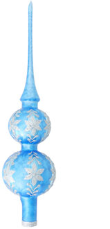 Luxe kerstpieken blauw met glitter ijsbloemen 30 cm - kerstboompieken