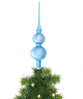 Luxe kerstpieken blauw met glitter ijsbloemen 30 cm - kerstboompieken