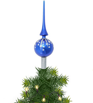 Luxe kerstpieken blauw met zilveren glitter opdruk 28 cm - kerstboompieken