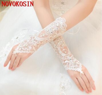 Luxe Korte Kant Bruid Bridal Handschoenen Bruiloft Handschoenen Kristallen Bruiloft Accessoires Kanten Handschoenen voor Bruiden Vingerloze Pols wit