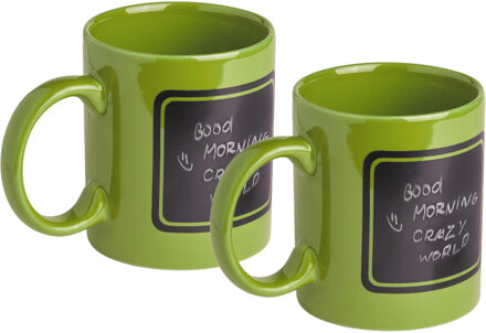 Luxe krijt koffiemok/beker - 2x - groen - keramiek - met zwart schrijfvlak - 350 ml