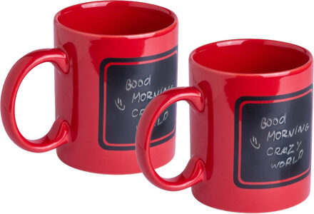 Luxe krijt koffiemok/beker - 2x - rood - keramiek - met zwart schrijfvlak - 350 ml - Bekers