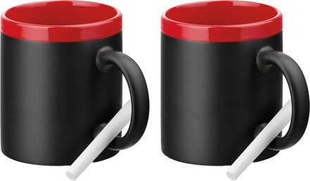 Luxe krijt koffiemok/beker - 2x - rood/zwart - keramiek - met all-over schrijfvlak - 350 ml - Bekers