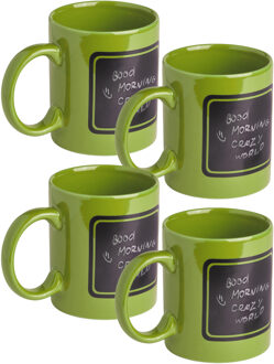 Luxe krijt koffiemok/beker - 4x - groen - keramiek - met zwart schrijfvlak - 350 ml