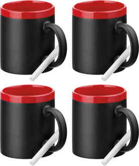 Luxe krijt koffiemok/beker - 4x - rood/zwart - keramiek - met krijt te beschrijven - 350 ml - Eigen
