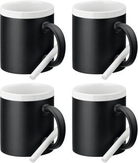 Luxe krijt koffiemok/beker - 4x - wit/zwart - keramiek - met krijt te beschrijven - 350 ml - Eigen n