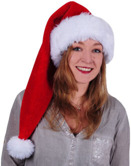 Luxe lange kerstmuts rood/wit van pluche voor volwassenen 70 cm