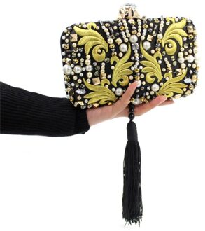 Luxe Parel Kralen Diamanten Gouden Borduurwerk Clutch Bag Zwart Kwasten Crystal Avondtasje Bruids Handtas Met Ketting Y636