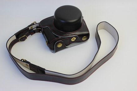 Luxe PU Lederen Camera case Video Tas voor Nikon 1 J5, 1J5 10-30mm lens Met Strap Open Batterij zwart