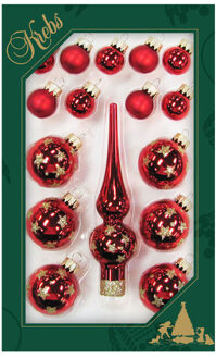 Luxe rode glazen mini kerstballen en piek set voor mini kerstboom 16-dlg - Kerstbal Rood