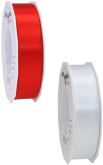 Luxe satijn cadeau/hobby sierlinten 2,5cm x 25m- wit en rood
