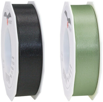Luxe satijn cadeau/hobby sierlinten 2,5cm x 25m- zwart en lichtgroen
