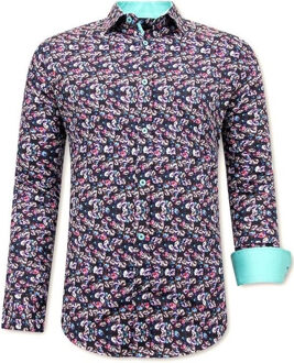 Luxe Satijn Heren Overhemd Bloemen Print - 3076NW - Zwart / Turquoise - Maten: XXL