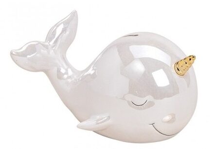 Luxe spaarpot Narwal walvis - keramiek - zeedieren - glans wit - 12 x 11 x 18 cm