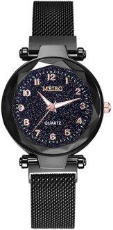 Luxe Sterrenhemel Rvs Mesh Armband Horloges Voor Vrouwen Crystal Analoge Quartz Horloges Dames Sport Jurk Klok zwart